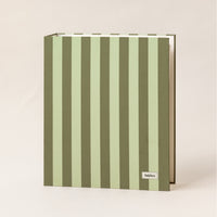 Document organizer with green and light green vertical stripes on a beige background