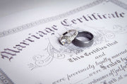 marriage certificate with bride and groom rings