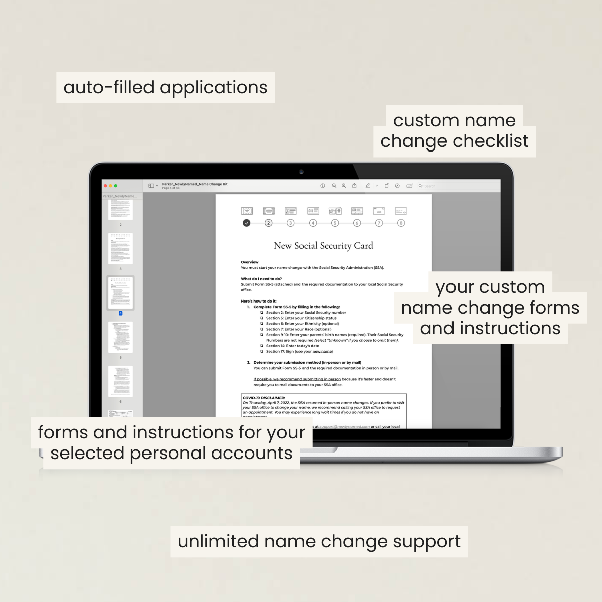 instructions for a social security name change shown on a laptop