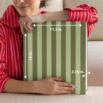 Person holding a green striped DailyDocs organizer with measurements and a brand label.