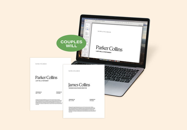 A laptop displaying a NewlyNamed Couples Will & Estate Plan for two partners.