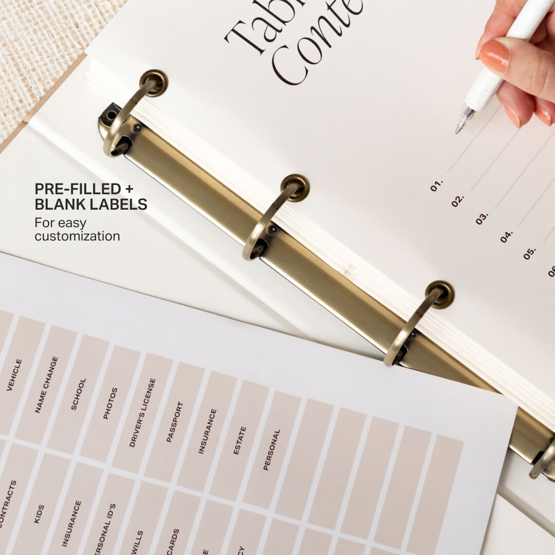 DailyDocs Organizer customizable table of contents with pre-filled and blank document labels