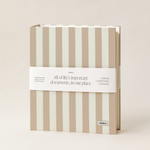 Striped document organizer with text on a beige background