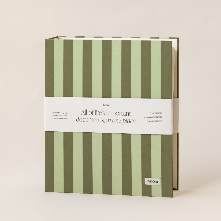 Green and white document organizer with text on a beige background