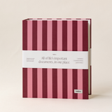 Striped document organizer with pink and red vertical stripes on a beige background