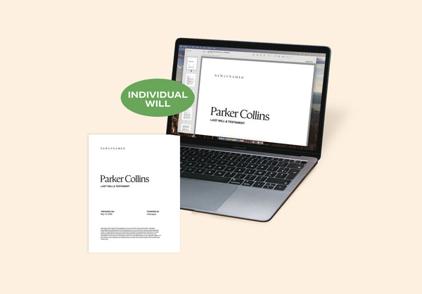 A laptop screen showing a personalized NewlyNamed Individual Will and Estate Plan.