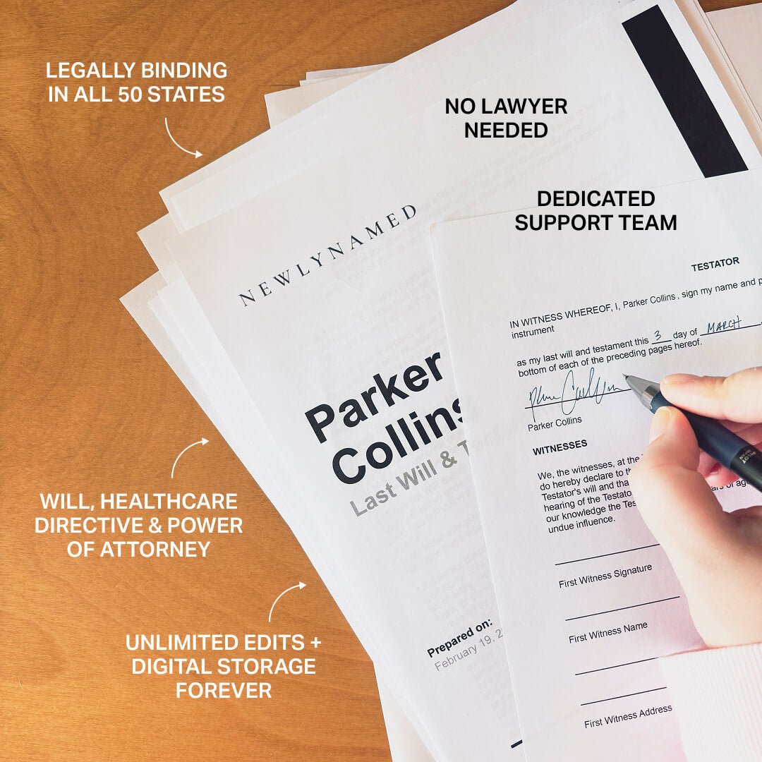 Legal documents with text about wills, healthcare directives, and power of attorney on a wooden surface.