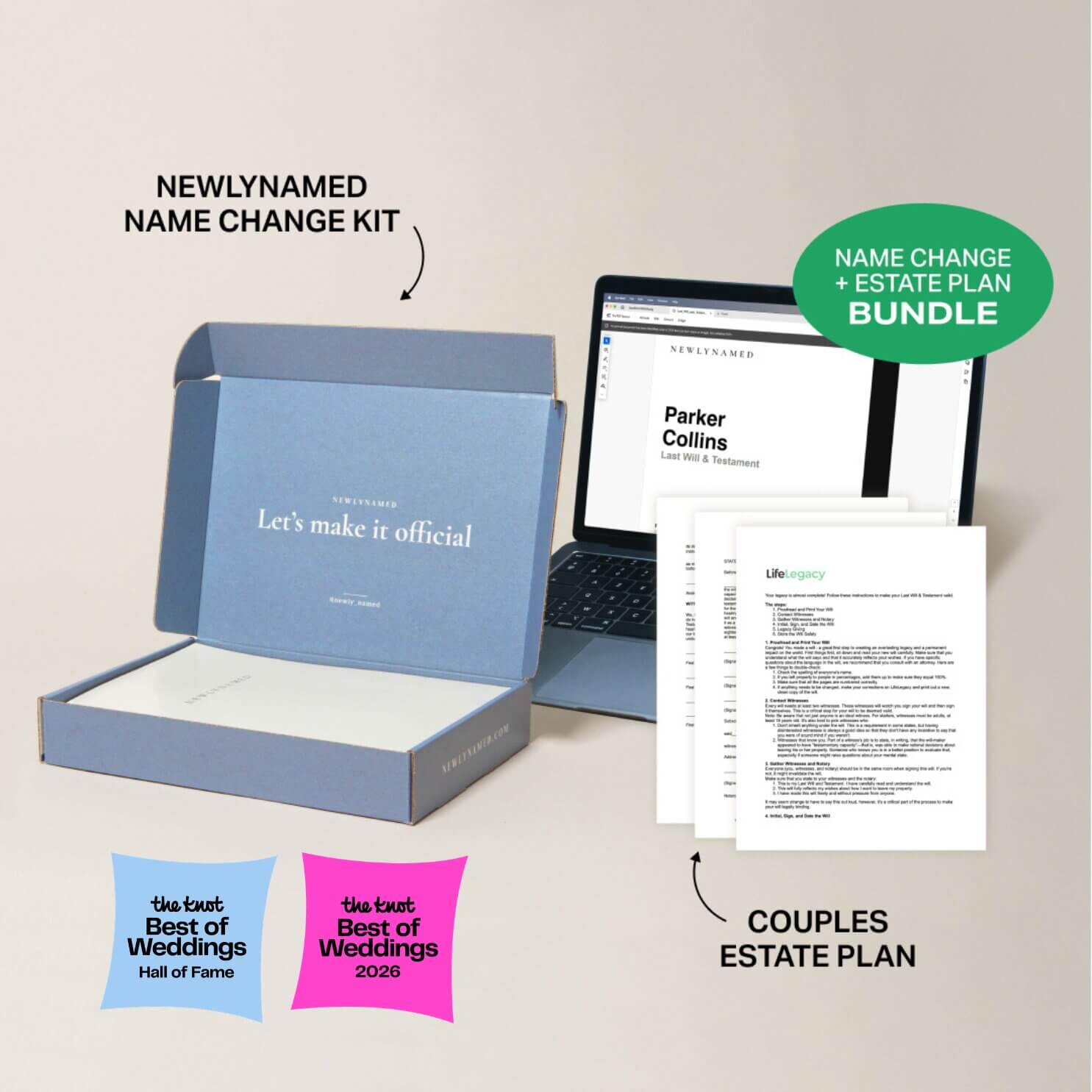 Newlynamed name change kit with a laptop displaying a name change kit and estate plan bundle.