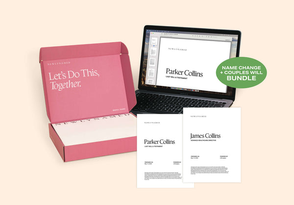 Open pink NewlyNamed Box and laptop displaying Newlywed Starter Set name change kit and couples will and estate plan bundle