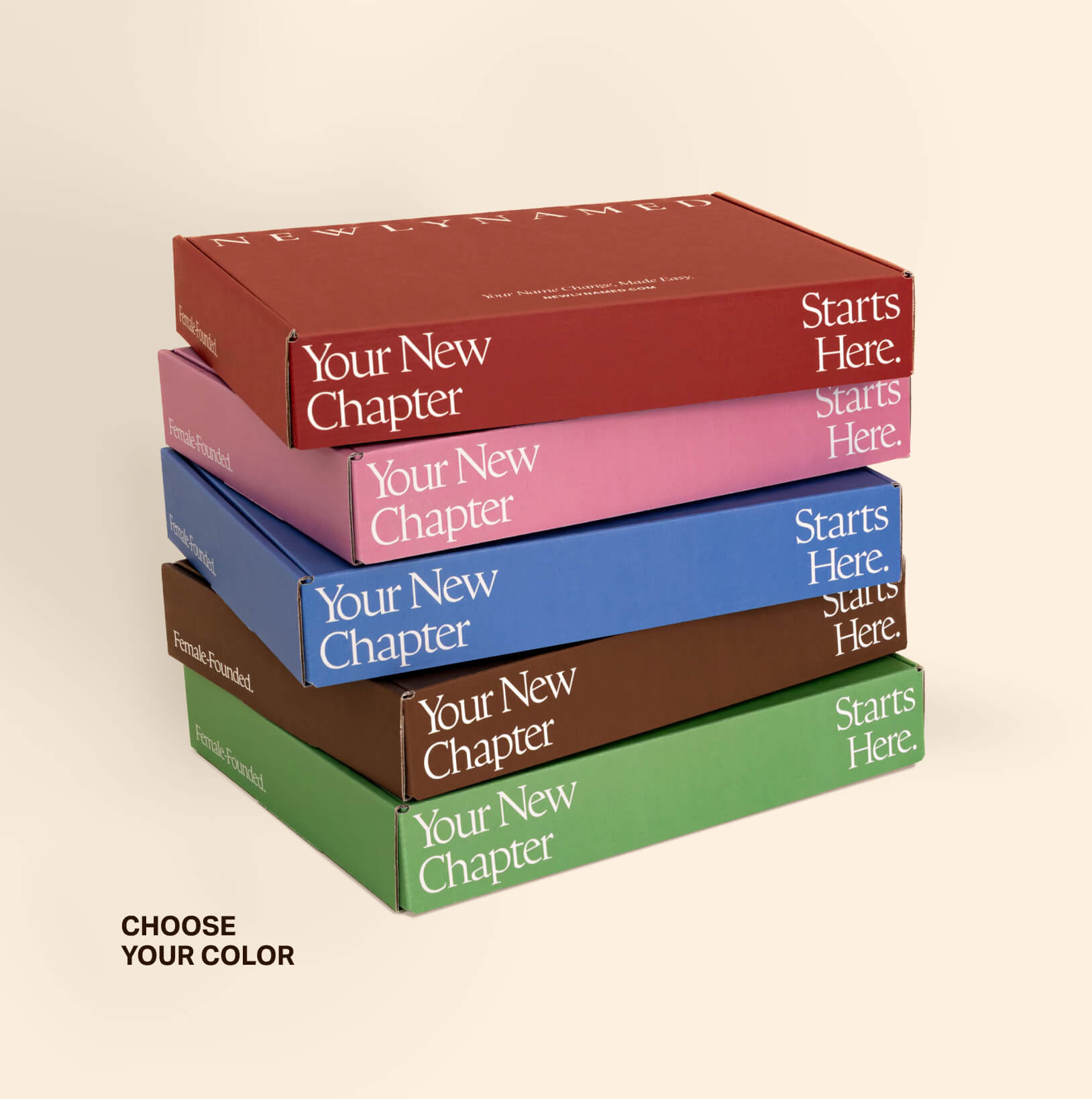 A stack of colorful Newlywed Starter Set boxes in red, pink, blue, brown, and green, highlighting premium color choices for couples.