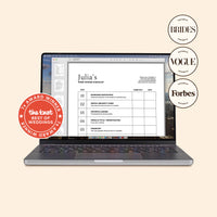 NewlyNamed Print at Home name change kit checklist displayed on a laptop screen with Brides, Vogue, Forbes, and The Knot award badges.
