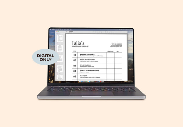 Laptop screen showing a digital NewlyNamed name change checklist for the Print at Home kit.