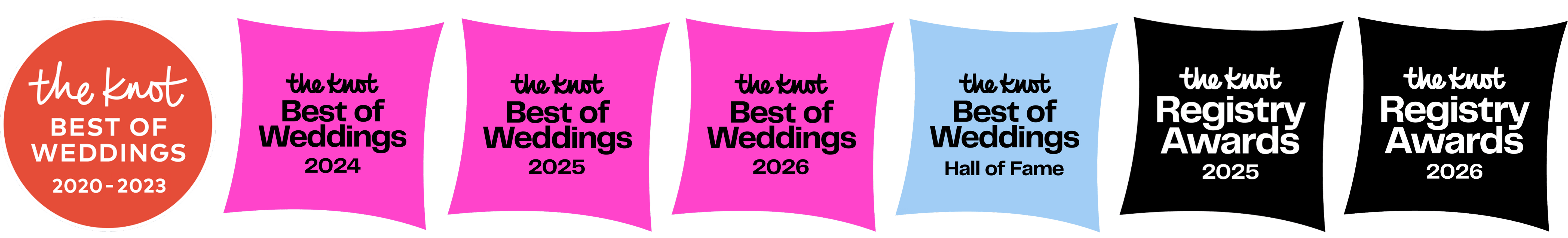 The Knot award badges displaying Best of Weddings 2020 through 2026, Best of Weddings Hall of Fame, and Registry Awards 2025 and 2026.