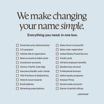 A comprehensive name change checklist displaying items included in a NewlyNamed Box, such as Social Security, passport, driver's license, banks, TSA PreCheck, and personal accounts.