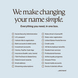 A comprehensive name change checklist displaying items included in a NewlyNamed Box, such as Social Security, passport, driver's license, banks, TSA PreCheck, and personal accounts.
