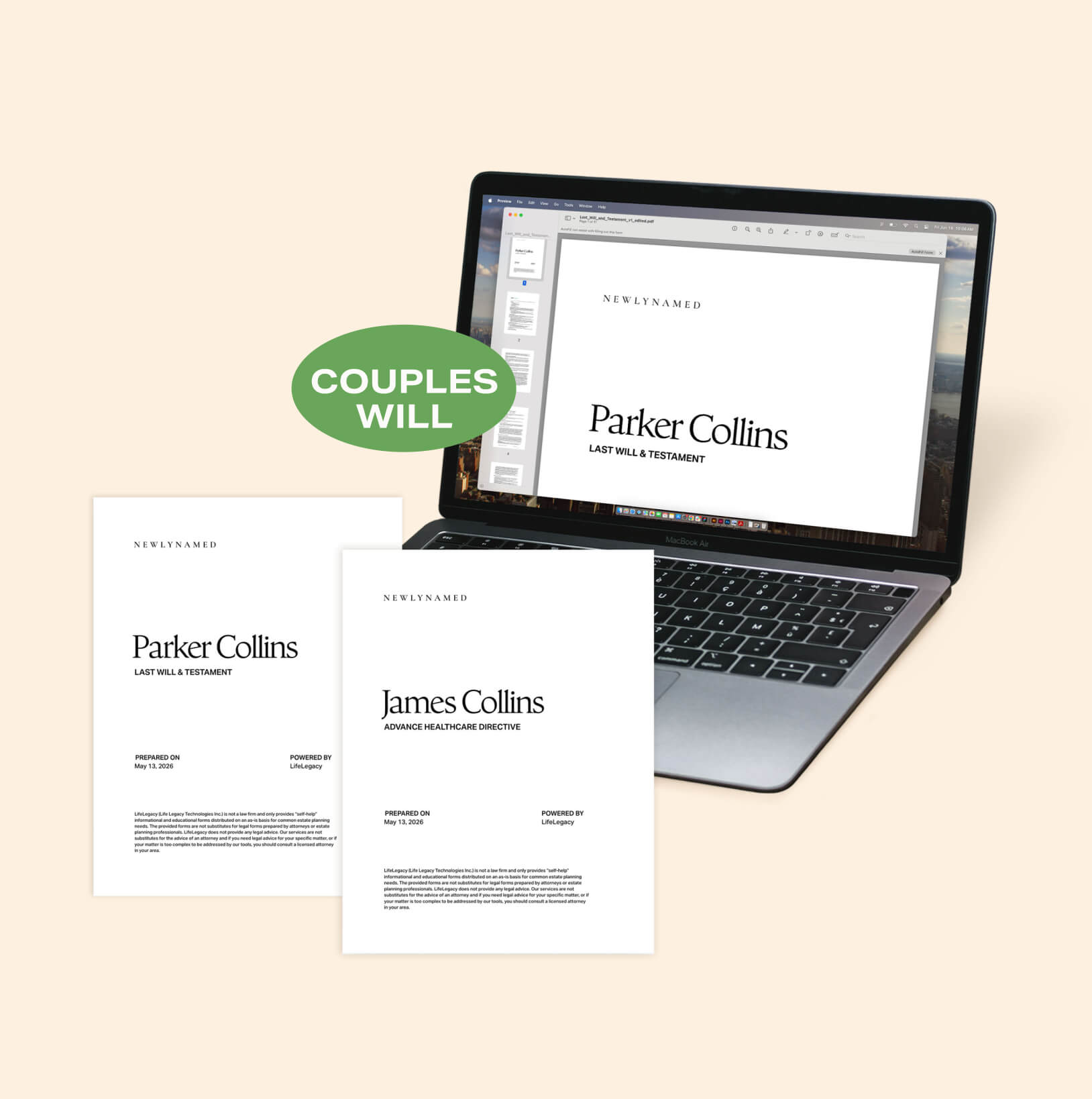 A laptop displaying a NewlyNamed Couples Will & Estate Plan for two partners.