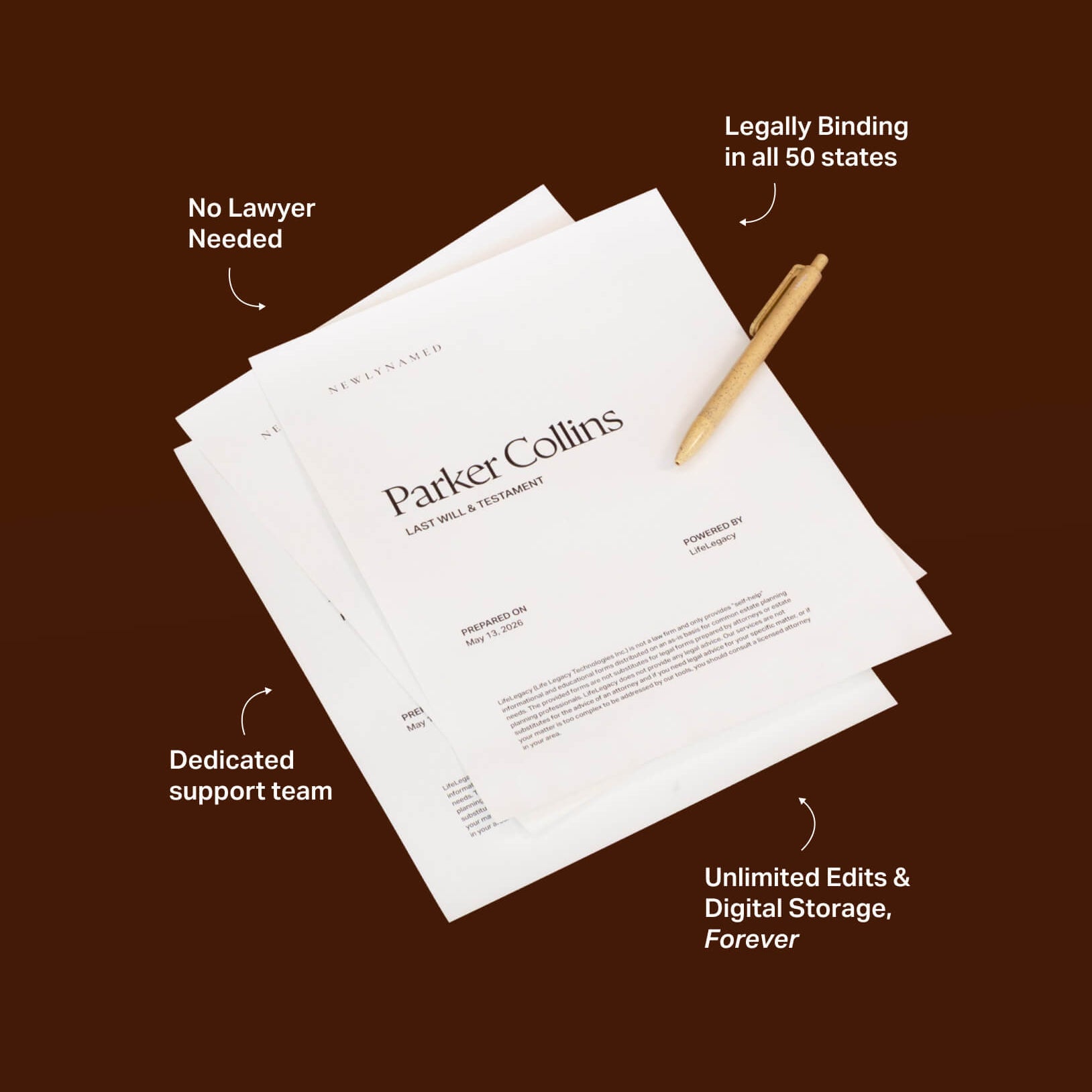 A stack of personal estate planning documents showing a NewlyNamed Individual Will and Estate Plan that is legally binding in all 50 states with no lawyer needed.
