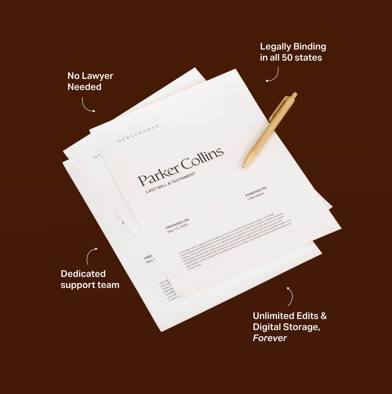 A stack of personal estate planning documents showing a NewlyNamed Individual Will and Estate Plan that is legally binding in all 50 states with no lawyer needed.