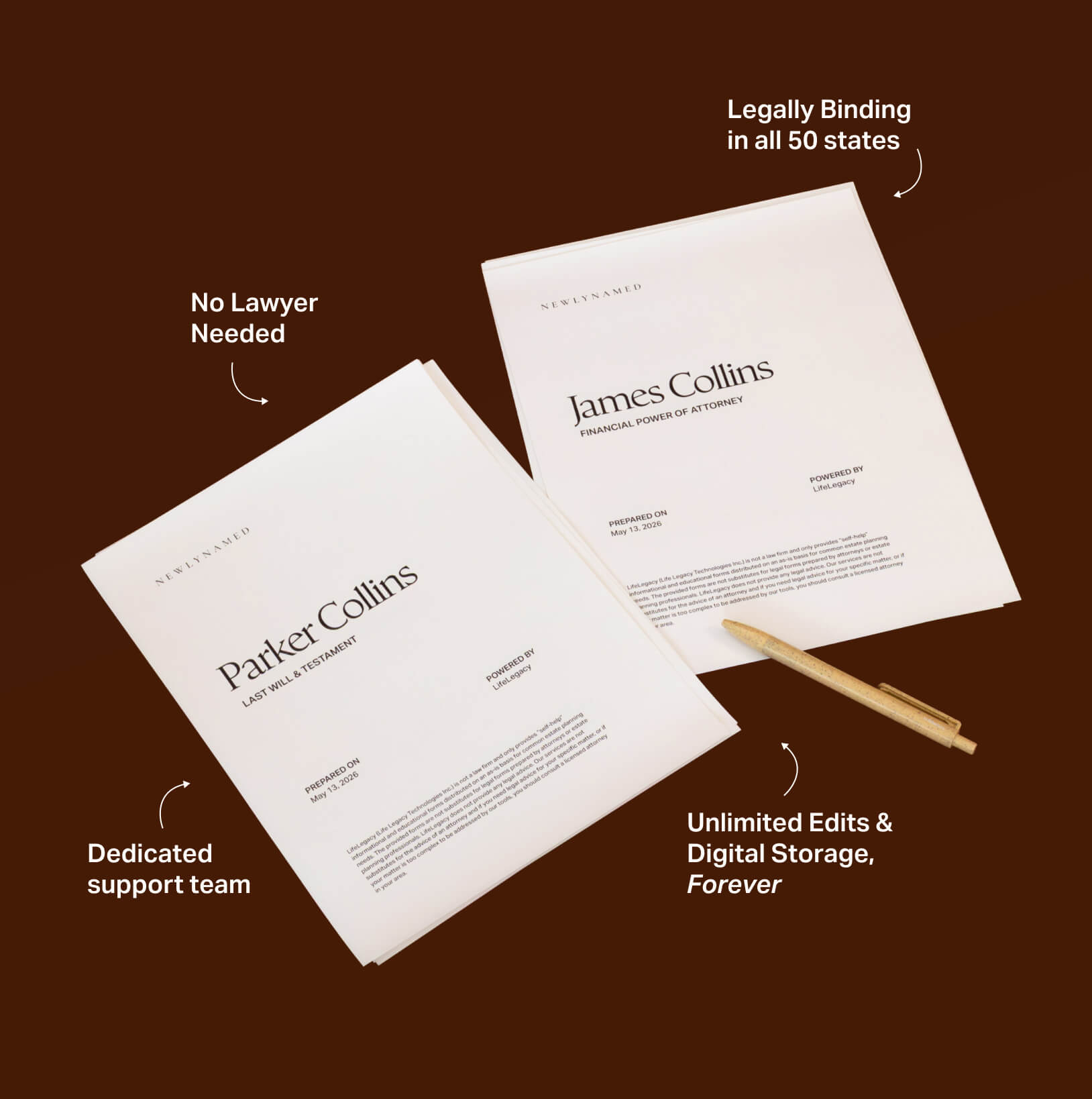 Printed legal forms for a NewlyNamed Couples Will and Estate Plan, highlighting that the documents are legally binding in all 50 states without a lawyer.
