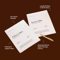 Printed legal forms for a NewlyNamed Couples Will and Estate Plan, highlighting that the documents are legally binding in all 50 states without a lawyer.