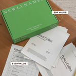 A green NewlyNamed Box resting on top of a customized name change checklist and a prepared Couples Will document, detailing a total bundled savings value.