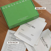 A green NewlyNamed Box resting on top of a customized name change checklist and a prepared Couples Will document, detailing a total bundled savings value.