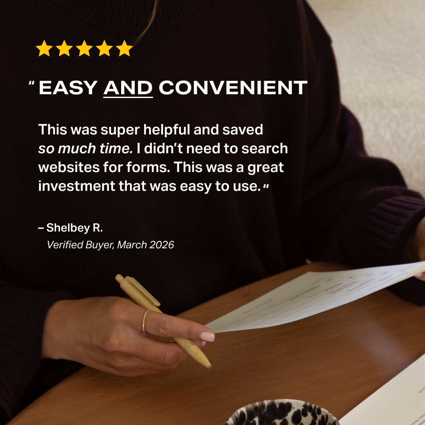 Five-star customer review for NewlyNamed Box stating it was easy, convenient, and saved time searching websites for name change forms.