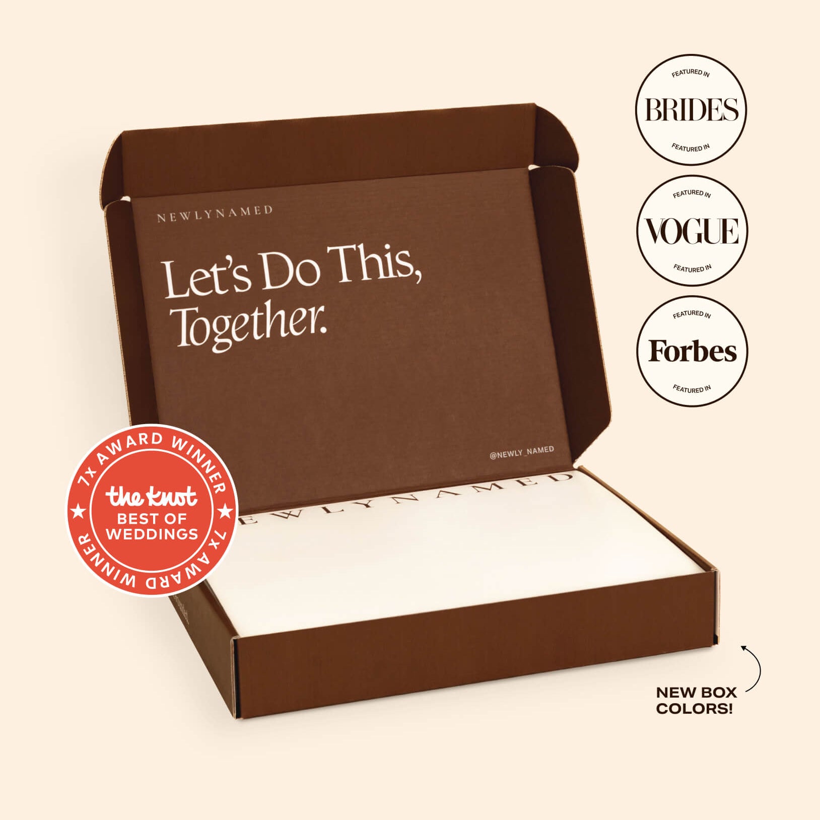 An open brown NewlyNamed Box name change kit featuring The Knot Best of Weddings award badge and a personalized marriage name change checklist inside.