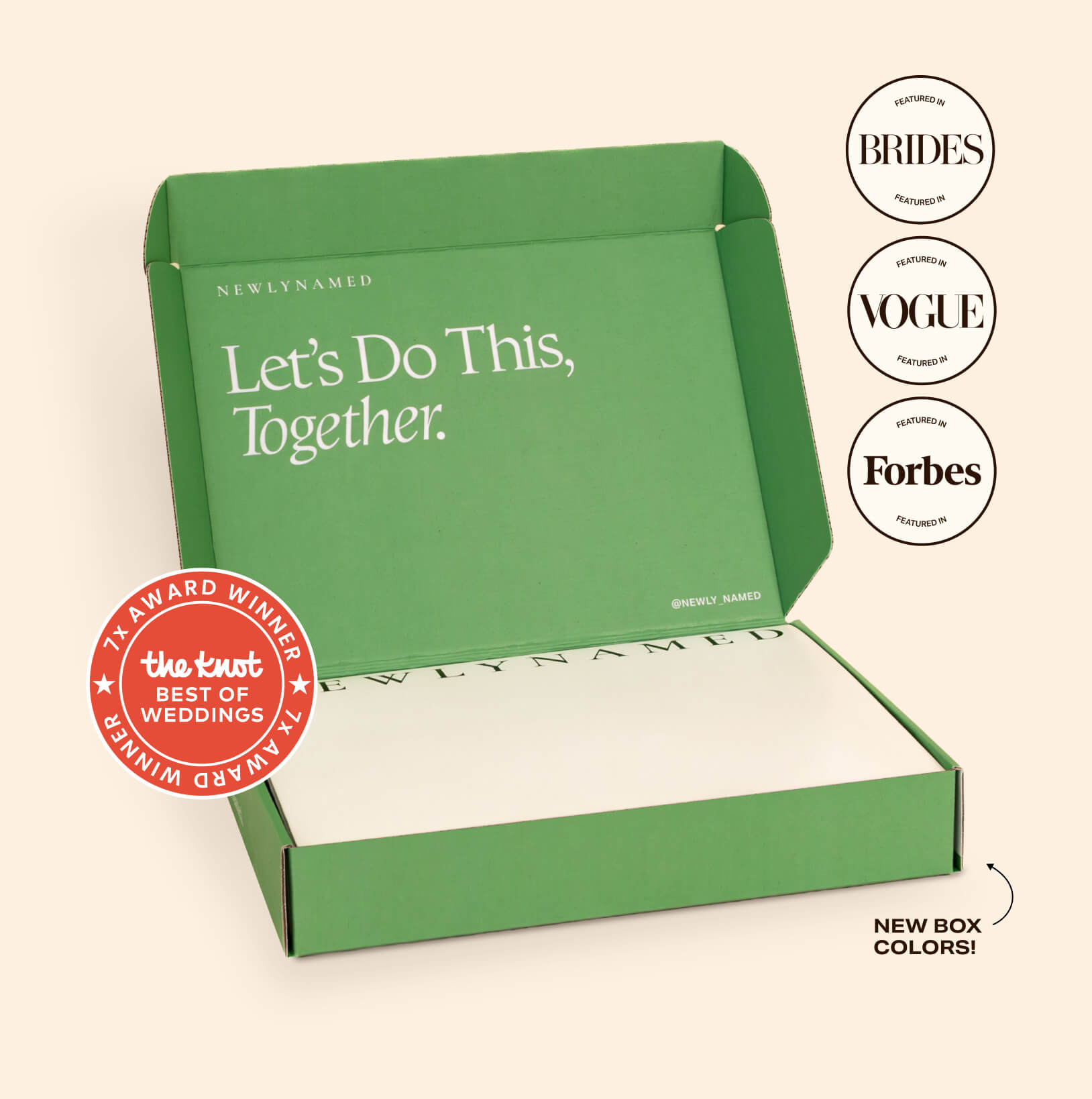 An open green NewlyNamed Box marriage name change kit showcasing features in Brides, Vogue, and Forbes magazines.