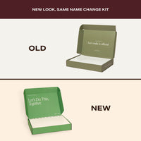 Comparison showing the old olive green packaging next to the vibrant new green NewlyNamed Box design featuring the text Let's Do This, Together.