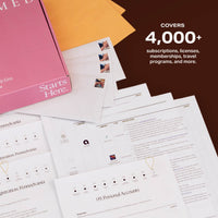 Pre-addressed envelopes and printed forms next to a pink NewlyNamed Box with text stating it covers over 4,000 subscriptions, licenses, memberships, and travel programs.