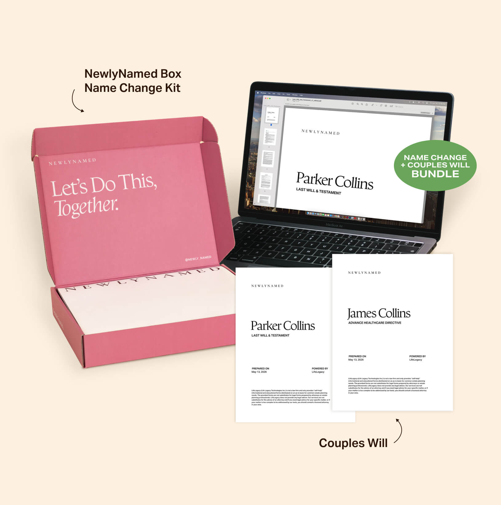 The Newlywed Starter Set packaging displaying a pink box, open laptop, and Couples Will documents labeled as the Name Change and Couples Will Bundle.