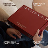 A customer holding a red NewlyNamed Box package with text overlays highlighting hours of time savings, easy to follow steps, and true peace of mind.