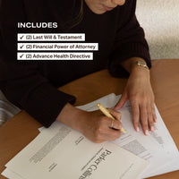 A woman reviewing a NewlyNamed Couples Will & Estate Plan that includes two Wills, two Powers of Attorney, and two Advance Health Directives.