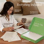 An open green NewlyNamed Box showcasing everything included: a personalized checklist, pre-filled applications, pre-paid postage envelopes, and real human support.