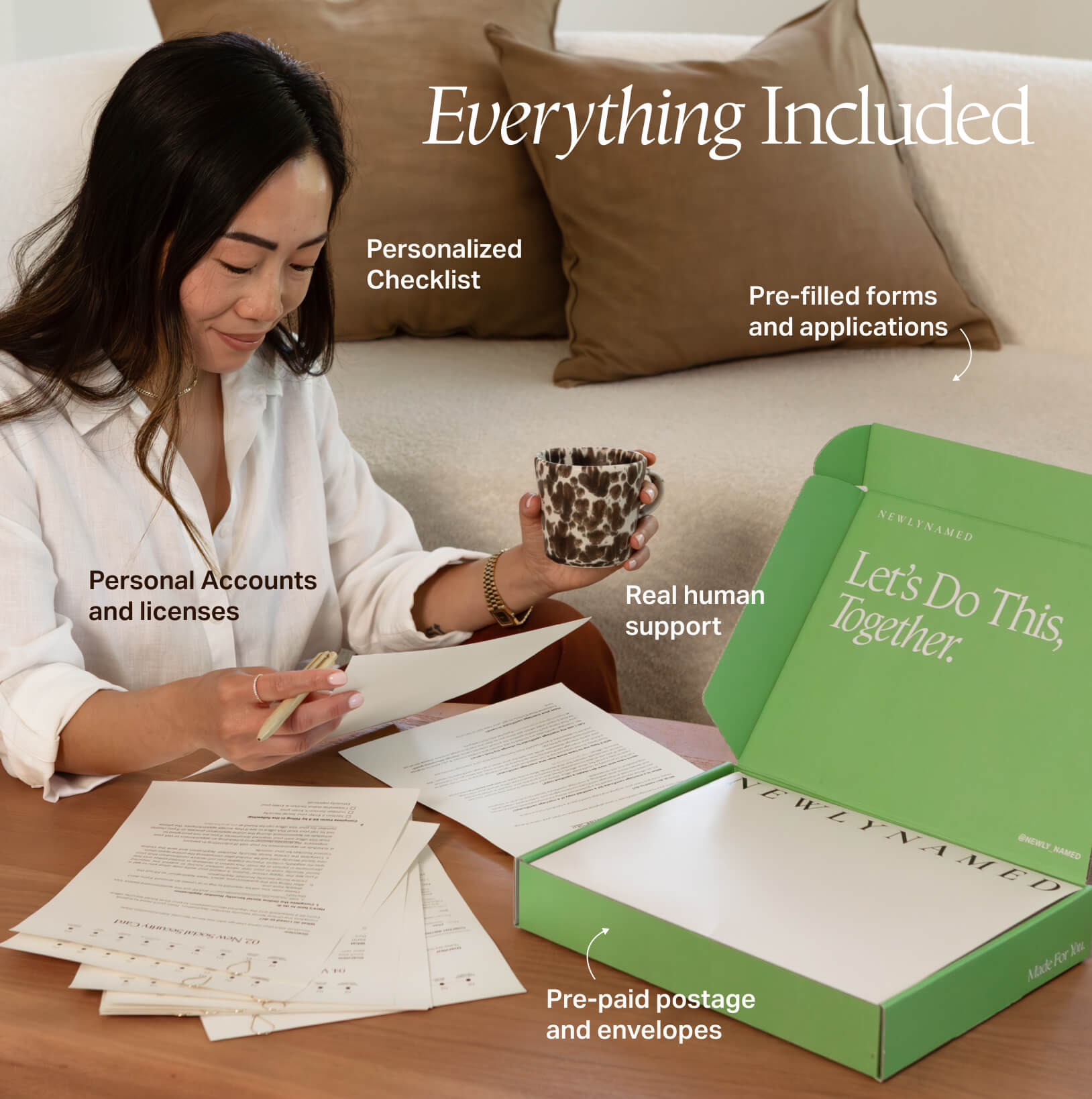 An open green NewlyNamed Box showcasing everything included: a personalized checklist, pre-filled applications, pre-paid postage envelopes, and real human support.